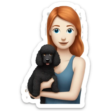 Pale White skinned straight Red haired blue eyed woman with one black standard poodle sticker