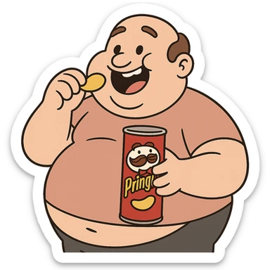 round, happy figure with a can of Pringles, mid-munch sticker