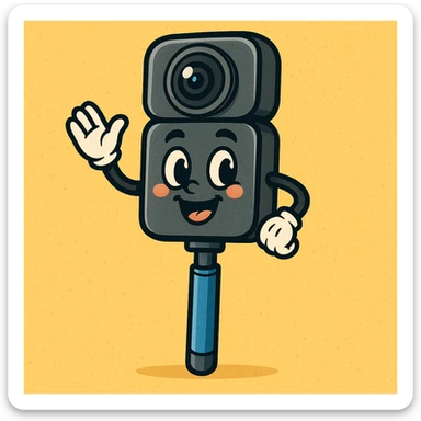 Remove any text or name from the design, keep the friendly face cartoon Insta360 camera on a stick character as the main subject, preserving its friendly and cartoonish style. sticker