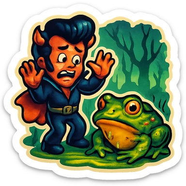 Retro sticker style with no borders on stickers. Helvis character with a short cape and very tiny horns, recoiling from a giant slimy toad on the ground, arms raised defensively, cringing expression. Swampy background with a grim vibe maintained. sticker