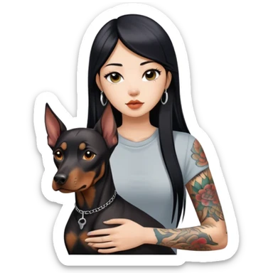a Chinese girl with long black  straight hair and tattoos and Doberman Pinscher sticker