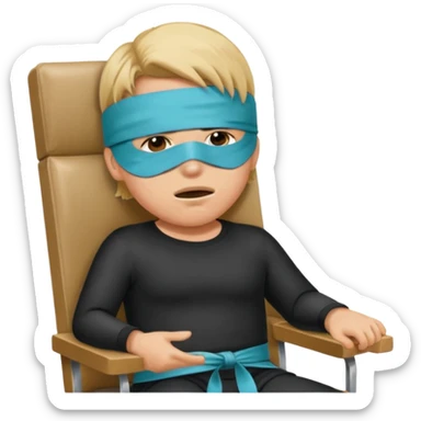 person in chair with blindfold and mouth tape sticker