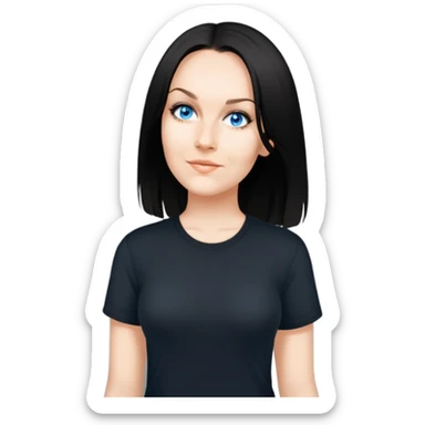 female, wearing black tshirt,  black hair sticker
