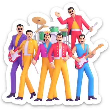 Freddie Mercury with Queen band members in colorful outfits sticker
