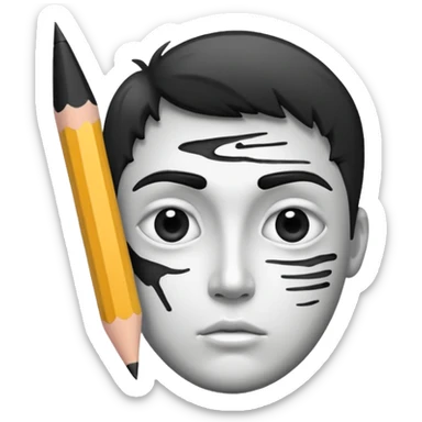 Create a black-and-white icon showing the process of cartooning: a pencil sketching an exaggerated face, with ink pen details and pencil smudges. Use clean lines and shading. Transparent background. sticker