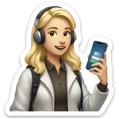 blonde female student standing by a locker wearing wireless headphones, heavy coat, taking a selfie with cell phone sticker