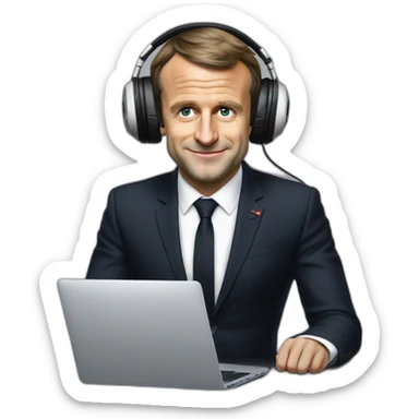 Emmanuel Macron qui joue aux jeux vidéo avec un pc et un casque sticker