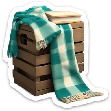 Realistic isolated teal and cream color plaid blanket draped across wooden crate box with matching book beside it sticker