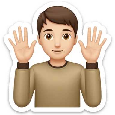 A guy with his palms facing up one hand higher one lower with 6 one left hand 7 on the right hand sticker