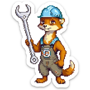 AN ANTHROPOMORPHIC WEASEL WITH A HARDHAT AND A LARGE SPANNER WRENCH sticker
