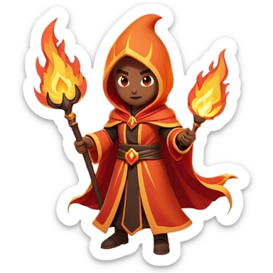 Clash of Clans aesthetic: Cinematic Ferocious Fire Mage Hero closeup Emoji, rendered in a 3D vector-style similar to standard emojis with minimal shading and bold, simplified shapes. A compact, isometric figure draped in flowing, charred and ember-lined robes, wielding a fiery staff crackling with intense flames. Eyes burning with an infernal glow, exuding raw, untamed power. Simplified yet unmistakably iconic, highly detailed and consistent, glowing with a fiery, molten radiance and high shine. Stylized with a touch of menacing sorcery and a searing, ember-infused outline, capturing the essence of a wrathful mage ready to unleash devastating fire magic! sticker