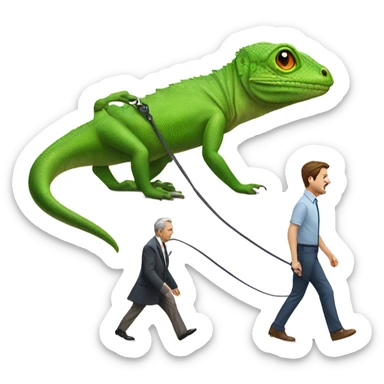 Lizard walking a man on a leash sticker