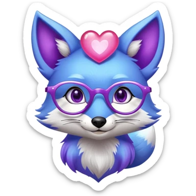 A whimsical fox with sparkling purple-blue fur, a glowing tail, a silver star on its forehead, and round glasses, with heart-shaped eyes, looking in love sticker