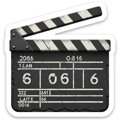 Minimalist emoji-style sticker of a cracked movie clapperboard with the date “06/06/66”, faint scorched marks, all in grayscale


 sticker