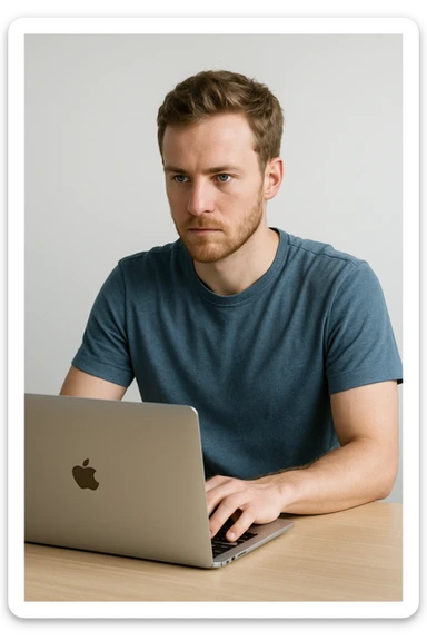 Blue-eyed European man typing on a MacBook, casual attire, minimalistic scene sticker