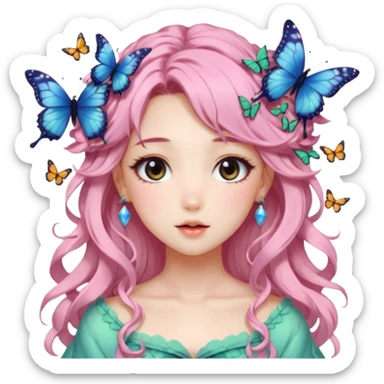 gorgeous shiny blushing anime lady with butterflies and beautiful hair fairycore high quality detailed vogue trending aesthetic sticker