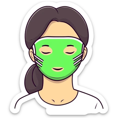Girl with closed eyes sleeping with green beauty face mask on, relaxing self care moment sticker