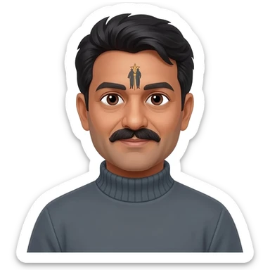 middle aged male indian primary school teacher without a moustache wearing a thick plain roller-neck jumper with a harry potter forehead mark sticker