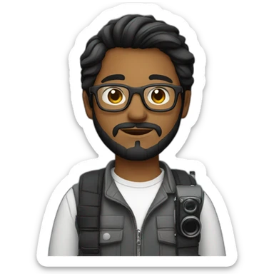 a filmmaker, young, black, straight hair to the side, with a beard, wearing glasses and with a camera in his hand sticker