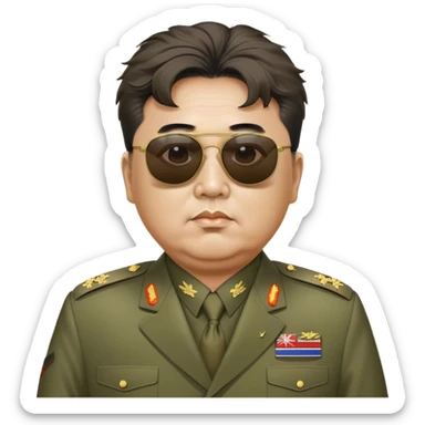 Messy haired general Kim Jung Il wearing olive mao suit and large sunglasses sticker