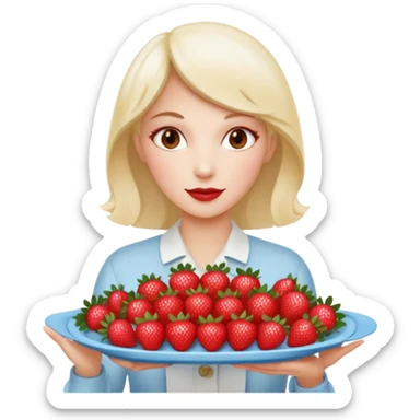 A woman is holding a tray of food containing strawberries and lychees. sticker