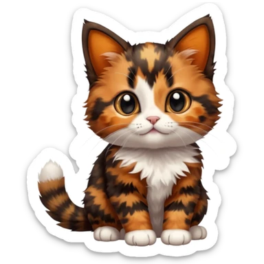 A high-resolution photo-realistic digital illustration of a brown orange black multicoloured  tortoiseshell kitten, chest upward sticker