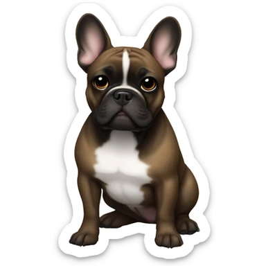 A French bulldog with a black head, brown eyes and a white breast sticker