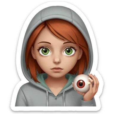 A girl with medium-length reddish-brown hair and hazel-green eyes, wearing a gray hoodie and holding an eyeball.  sticker