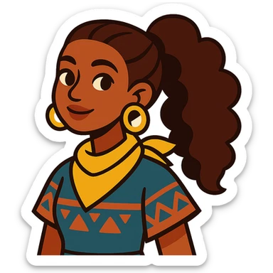 boho girl with brown skin, long curly brown hair in a high ponytail, lemon yellow scarf, round earrings sticker