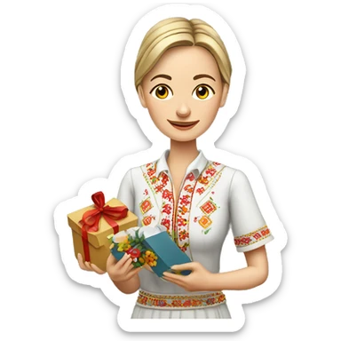 A female teacher in Ukrainian embroidery holds a gift in her hand sticker
