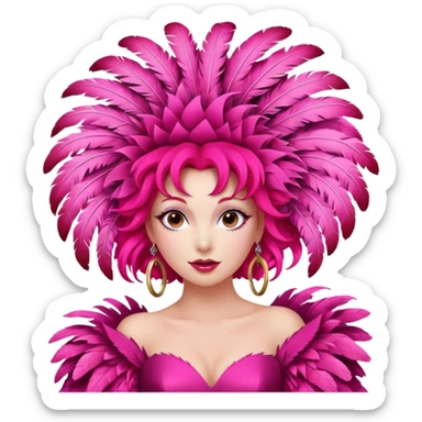 A vibrant woman with theatrical red ringlets and a massive pink feathered headpiece strikes a playful pose in an exaggerated, storybook-style hot pink gown. sticker