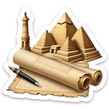 An icon showing a rolled parchment scroll, a quill pen, and ancient landmarks like pyramids and columns in the background. The design symbolizes the study of past civilizations, events, and heritage. Transparent background emphasizes the timeless exploration of human history. sticker