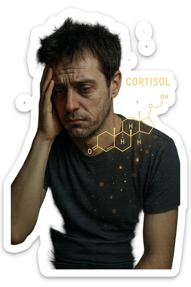 realistic and cinematic image of elevated cortisol, human figure showing signs of stress, insomnia, and tiredness, visual elements representing cortisol hormone, no background, 2:3 aspect ratio sticker