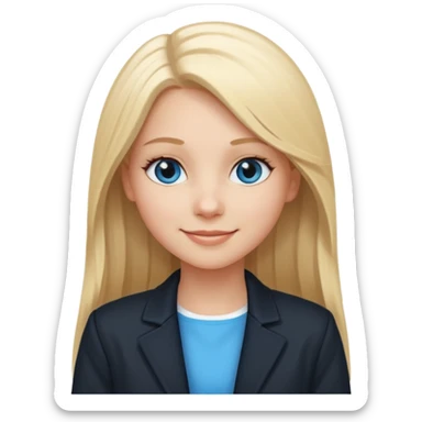 A white girl with long straight blonde hair, blue eyes and a white dress with a smiling black jacket sticker