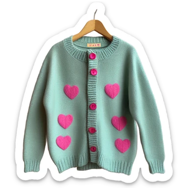 Sage oversize wool open short cardigan with pink heart shaped buttons, isolated sticker