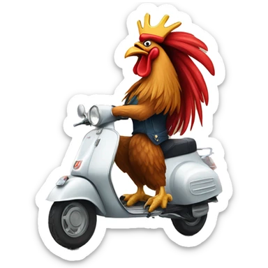 howling rooster with a crown on its head driving a scouter vespa sticker