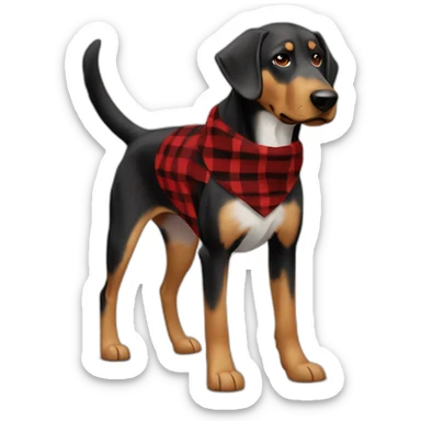 adult 75% Coonhound 25% German Shepherd mix dog with visible tail wearing small pointed red buffalo plaid bandana full body walking left quickly sticker