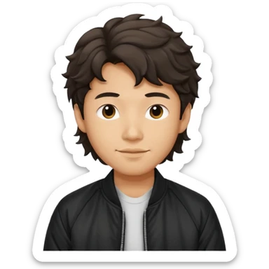 Asian guy wavy hair, dressed cool in black bomber jacket, demure but with a smirk  sticker
