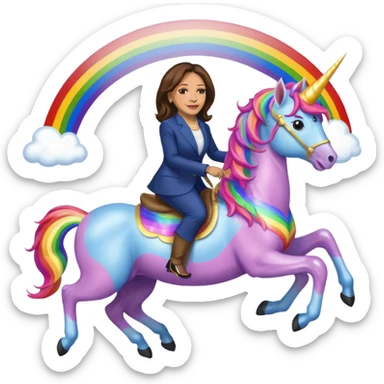 Kamala Harris and donald trump riding a rainbow unicorn sticker