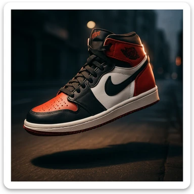 “A high-resolution image of an iconic Air Jordan sneaker floating in mid-air with dramatic lighting, shadow underneath, glowing edge highlights, bold red, black, and white color scheme, urban street background blurred, sharp focus on the shoe, cinematic depth of field, dynamic angle with motion lines, premium sneaker ad style.” sticker