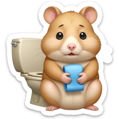 Cute chubby cartoon-style hamster sitting on toilet pooping looking as if he had an accident sticker