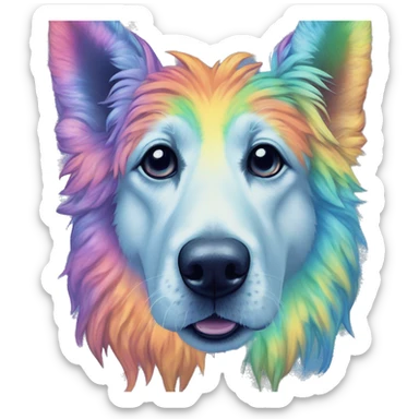 Multicolored rainbow retro groovy tie dye hippie trippy floral patterns on a metallic holographic iridescent blue dog face head unicorn sticker