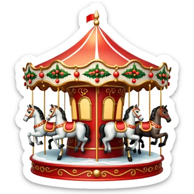 Apple iOS style 3D emoji icon of a vintage Moscow Christmas carousel.
Round ornate roof with red and gold patterns, miniature horses, decorated with glowing warm light garlands and light dusting of snow. Smooth glossy plastic texture, high-end 3D render, vibrant festive colors, resolution. sticker