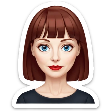 Woman in her late 50s with pale skin, wider face, more pronounced wrinkles, blue eyes with eyeliner, thin eyebrows, small nose, red lipstick, dark auburn hair with bangs, wearing a black top sticker