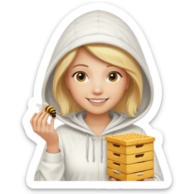 female bee keepers with blonde hair, white outfit, white hood,  sticker