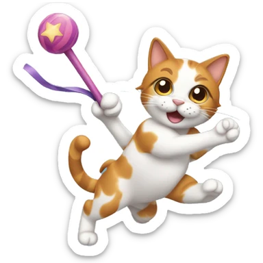Calico cat chasing a toy wand sticker