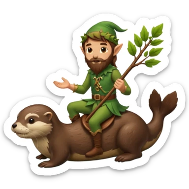 tiny forest elf man long brown hair beard riding an otter sticker
