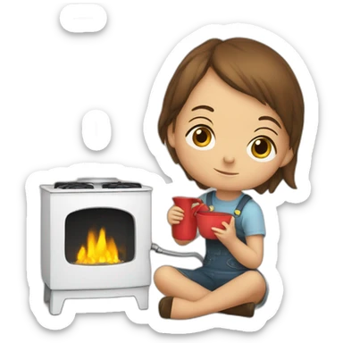 children are sitting near a mechanical stove sticker