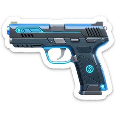 the image is the icon for a videogame  item. futuristic cyberpunk -ready to equip- it is master craftsmanship [ unequipped item ]
It is a magsec4 pistol with a mini-holo - neatly staged 3/4 profile view sticker