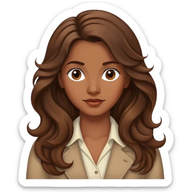 "- Nữ
- 30 tuổi
- Da nâu
- Tóc xoăn sóng nâu, dài, phồng sang bên trái
- Mặt không cười
- Đổi ngôi tóc sticker